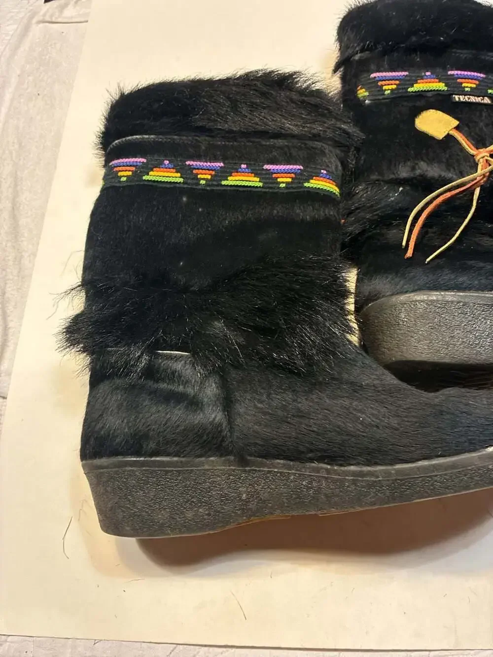 Tecnica Skandia Vintage Black Goat Fur Après-Ski Boots with Tribal Embroidery